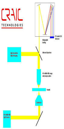 Light is transmitted through the sample, collected by the objective and focused onto the aperture and simultaneously an image and spectrum are collected.